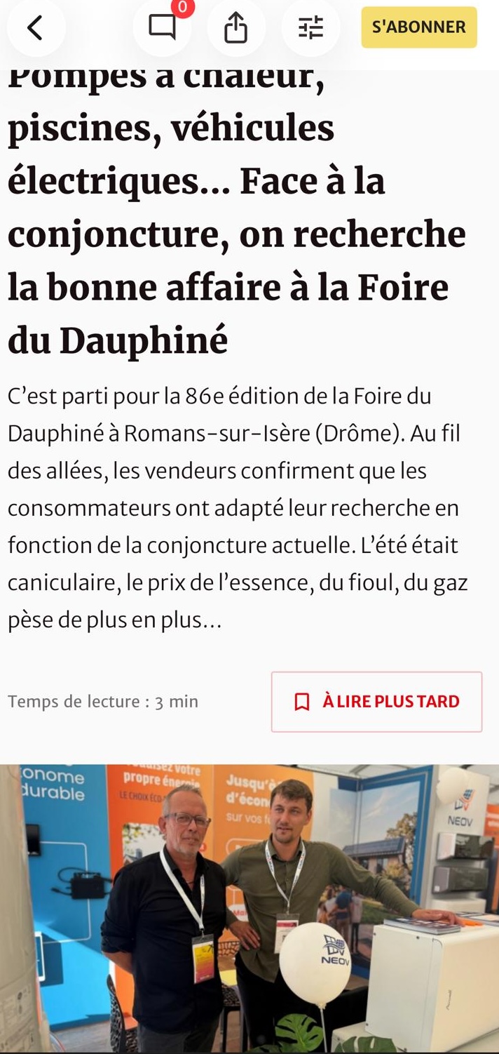 Article presse Foire du Dauphiné 2026 — stand NEOV
